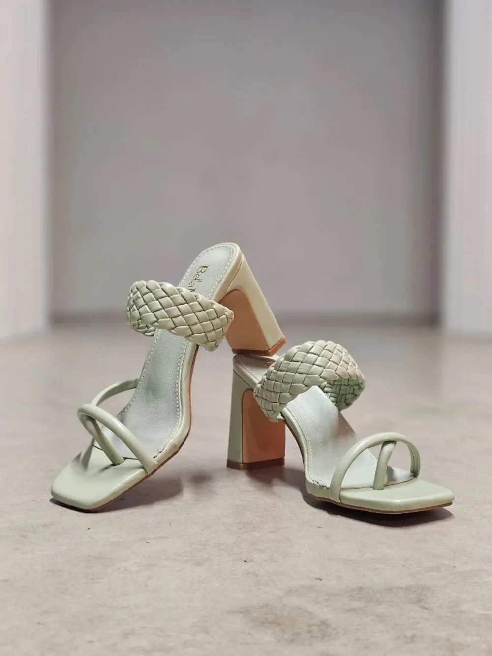 Woven Strap Block Heel Sandals Sage Green Square Toe Slip-On Design Womens Footw